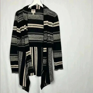 St. Johns Bay Womens Cardigan M Black White Gray Stripes Open Front Shawl Collar